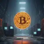 Illustration de fermes de serveurs informatiques s'éteignant, symbolisant la chute de la difficulté de minage du Bitcoin.