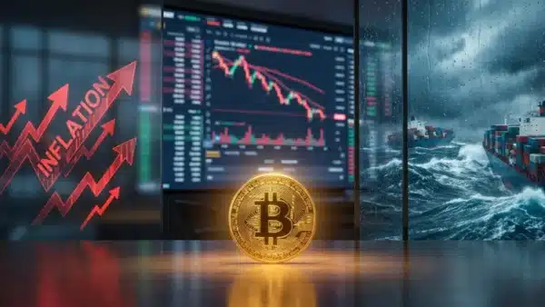 Illustration du Bitcoin résistant face à la montée de l'inflation et à la chute du marché crypto provoquée par la crise maritime.