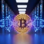 Illustration d'un Bitcoin scanné par un superordinateur quantique de Google menaçant la cryptographie.