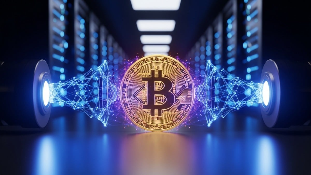 Illustration d'un Bitcoin scanné par un superordinateur quantique de Google menaçant la cryptographie.