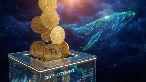 Illustration d'une chute de pièces Bitcoin provoquée par les ventes massives des baleines crypto.