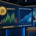 Graphique boursier comparant les réactions différentes du Bitcoin et de l'indice SP500 face aux crises géopolitiques mondiales.
