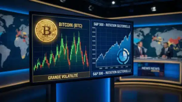 Graphique boursier comparant les réactions différentes du Bitcoin et de l'indice SP500 face aux crises géopolitiques mondiales.