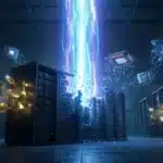 Illustration spectaculaire d'une ferme de minage Bitcoin se transformant en un data center surpuissant pour l'intelligence artificielle.