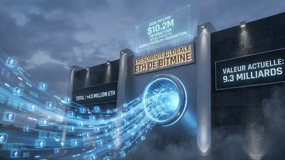 Illustration futuriste d'une forteresse numérique représentant la trésorerie de BitMine, absorbant un flux massif de 10,2 millions de dollars d'Ethereum provenant de la Fondation Ethereum, portant son total à 4,5 millions d'ETH.