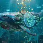 Illustration d'une baleine crypto robotisée accumulant de l'ETH pour l'entreprise Bitmine.