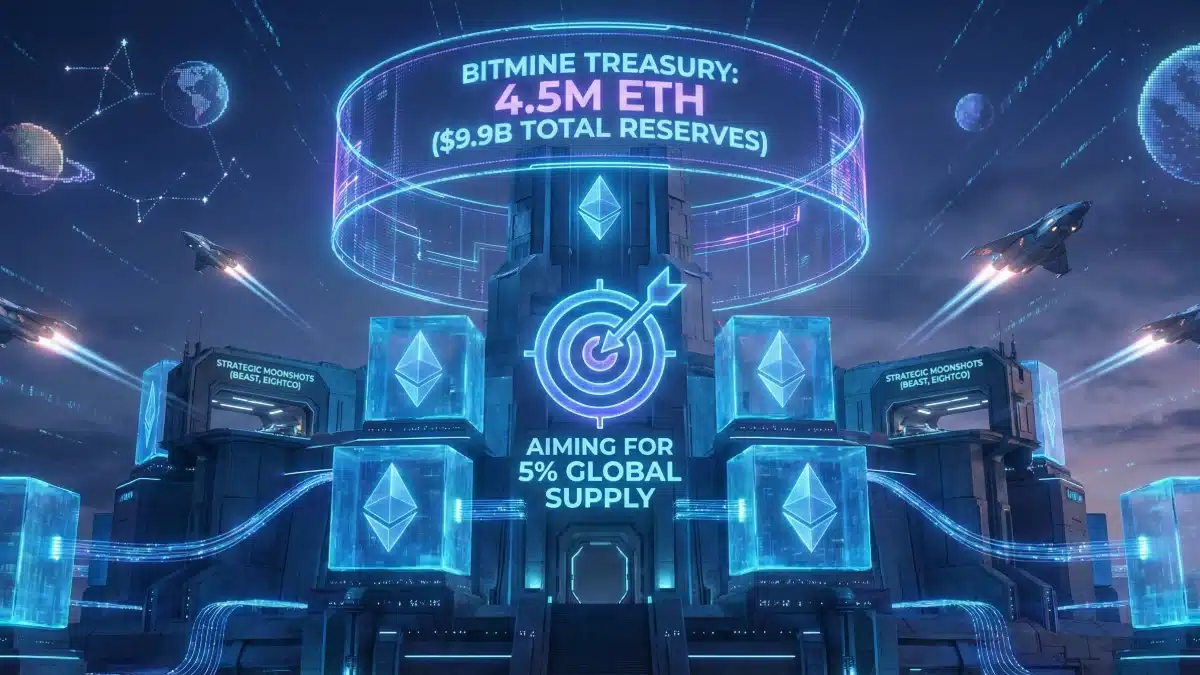 Illustration futuriste d'une citadelle géante faite de blocs Ethereum, représentant la trésorerie record de BitMine de 4,5 millions d'ETH et 9,9 milliards de dollars de réserves totales.
