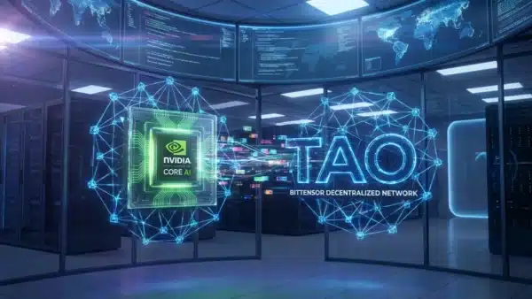 Illustration de la convergence entre les puces Nvidia et le réseau décentralisé Bittensor pour propulser l'intelligence artificielle et la crypto TAO.