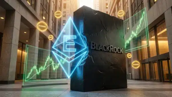 Illustration du lancement explosif de l'ETF Ethereum avec staking par le géant financier BlackRock.