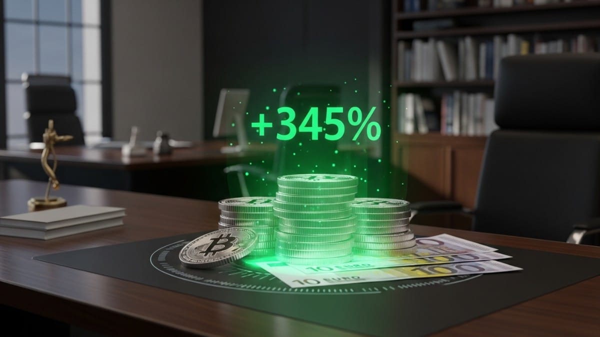 Un hologramme affiche un pourcentage de ROI positif au-dessus de cryptomonnaies et d'euros.
