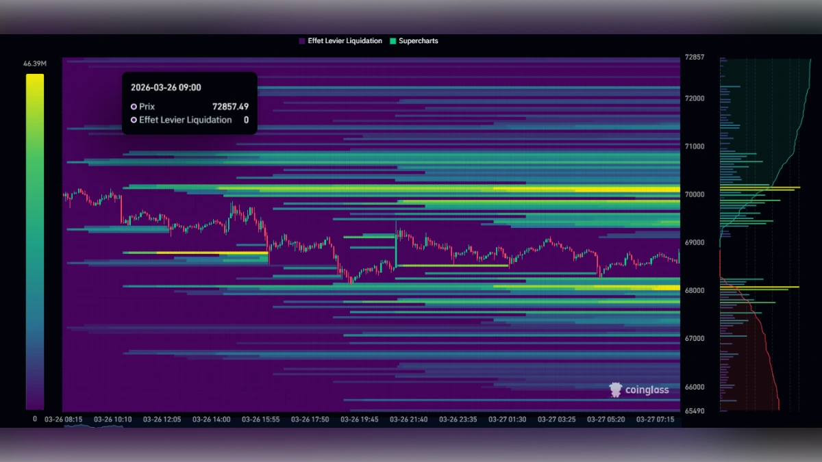 Graphique de la carte de chaleur des liquidations Bitcoin montrant les zones d'effet de levier entre 65 000 et 73 000 dollars