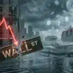 Illustration d'un krach boursier montrant la chute du SP500 à Wall Street et l'impact de la crise maritime sur la crypto.