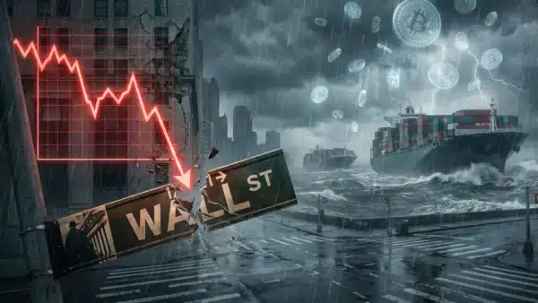 Illustration d'un krach boursier montrant la chute du SP500 à Wall Street et l'impact de la crise maritime sur la crypto.