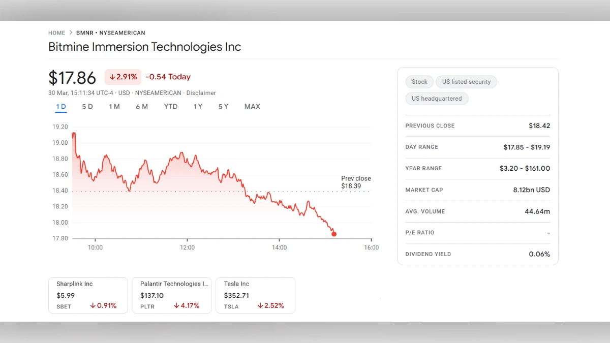 Graphique boursier en temps réel de Bitmine Immersion Technologies Inc montrant une baisse de 2,91% à 17,86 USD sur le NYSE American.