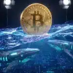 Une baleine mécanique géante nageant sous une pièce d'or Bitcoin brillante, symbolisant l'accumulation institutionnelle sur le marché crypto.