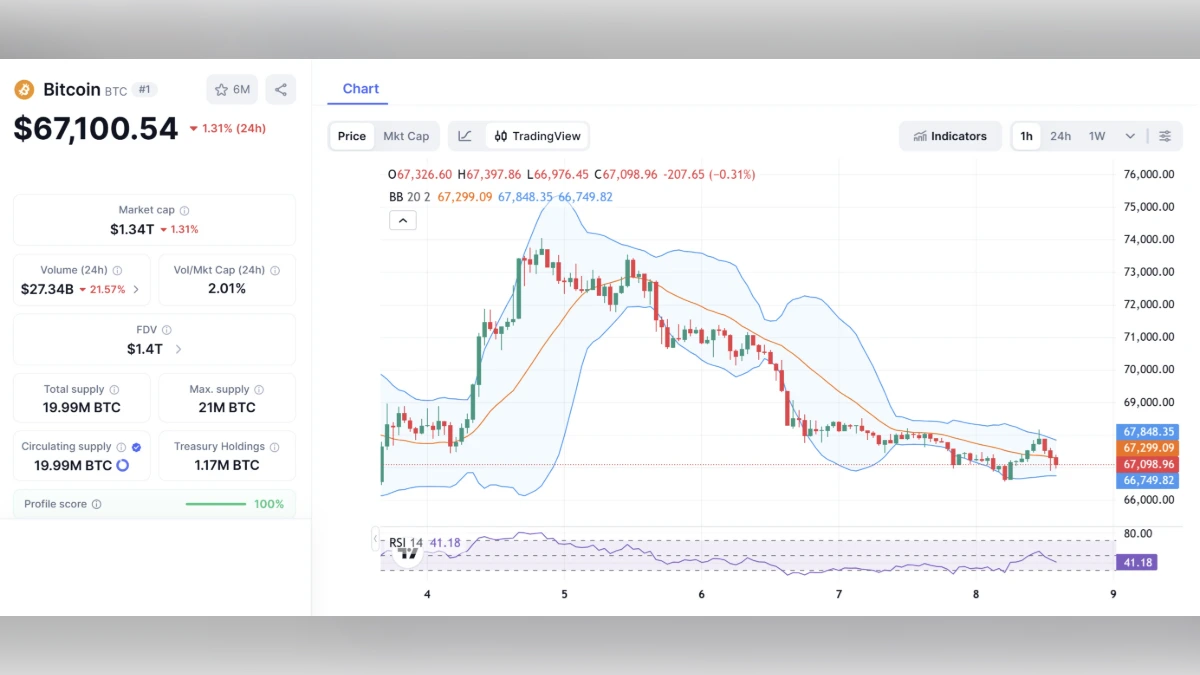 Graphique montrant le Cours BTC du Bitcoin à 67 100 $ aujourd'hui selon coinmarketcap