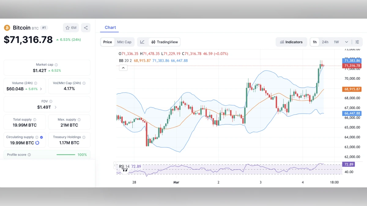 Graphisque montrant le Cours BTC de Bitcoin à 7& 316 $ aujourd'hui selon coinmarketcap