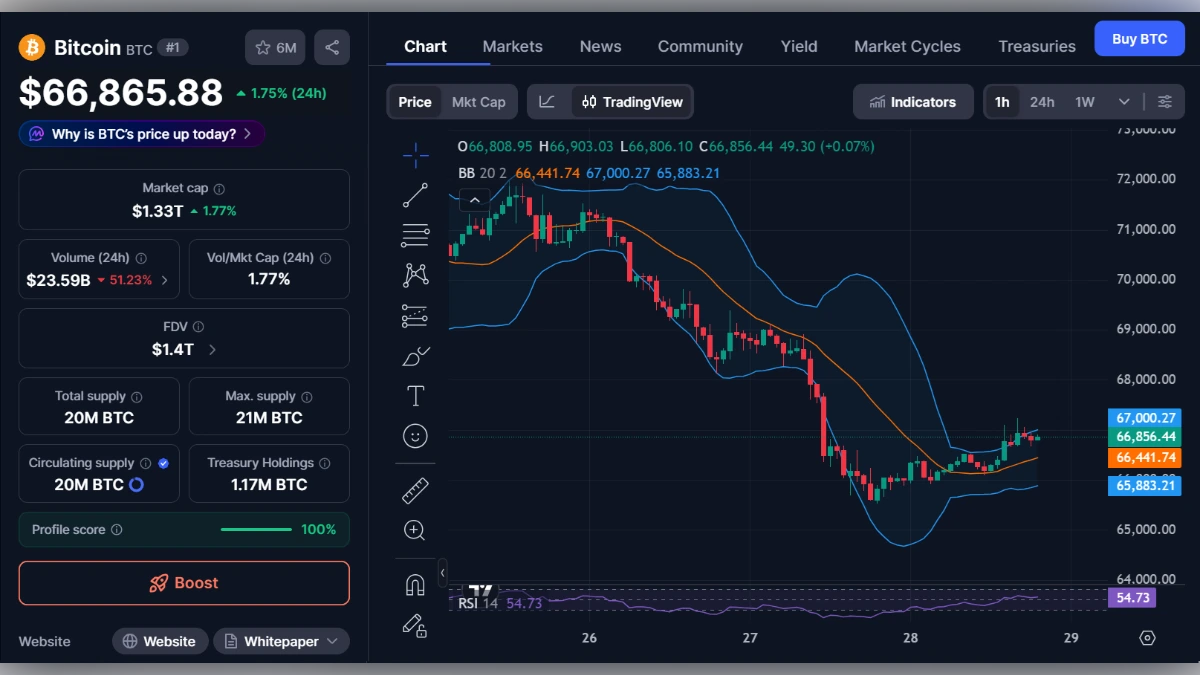 Graphique de trading du Bitcoin affichant un prix de 66 865 dollars avec indicateurs techniques et capitalisation boursière.