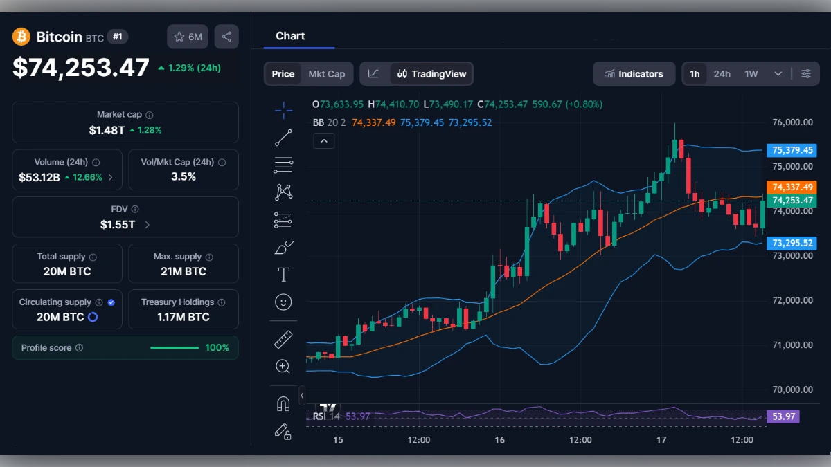 Graphique de trading en chandeliers du Bitcoin montrant un prix de 74 253 dollars et des indicateurs techniques