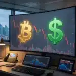 Graphique boursier illustrant le repli du cours Bitcoin face à la montée en puissance de l'indice du dollar américain (DXY).