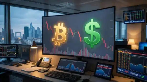 Graphique boursier illustrant le repli du cours Bitcoin face à la montée en puissance de l'indice du dollar américain (DXY).