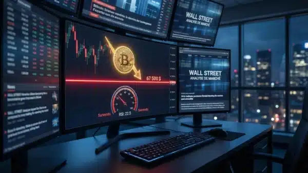 Graphique boursier illustrant la chute du cours Bitcoin sous les 70 000 dollars et l'indicateur RSI entrant en zone de survente extrême.
