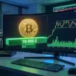 Graphique boursier illustrant la saine consolidation du cours Bitcoin sur son nouveau support majeur des 70 000 dollars.
