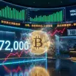Illustration du cours bitcoin (BTC) franchissant la barre des 72 000 dollars suite à la liquidation massive des vendeurs de cryptomonnaie.