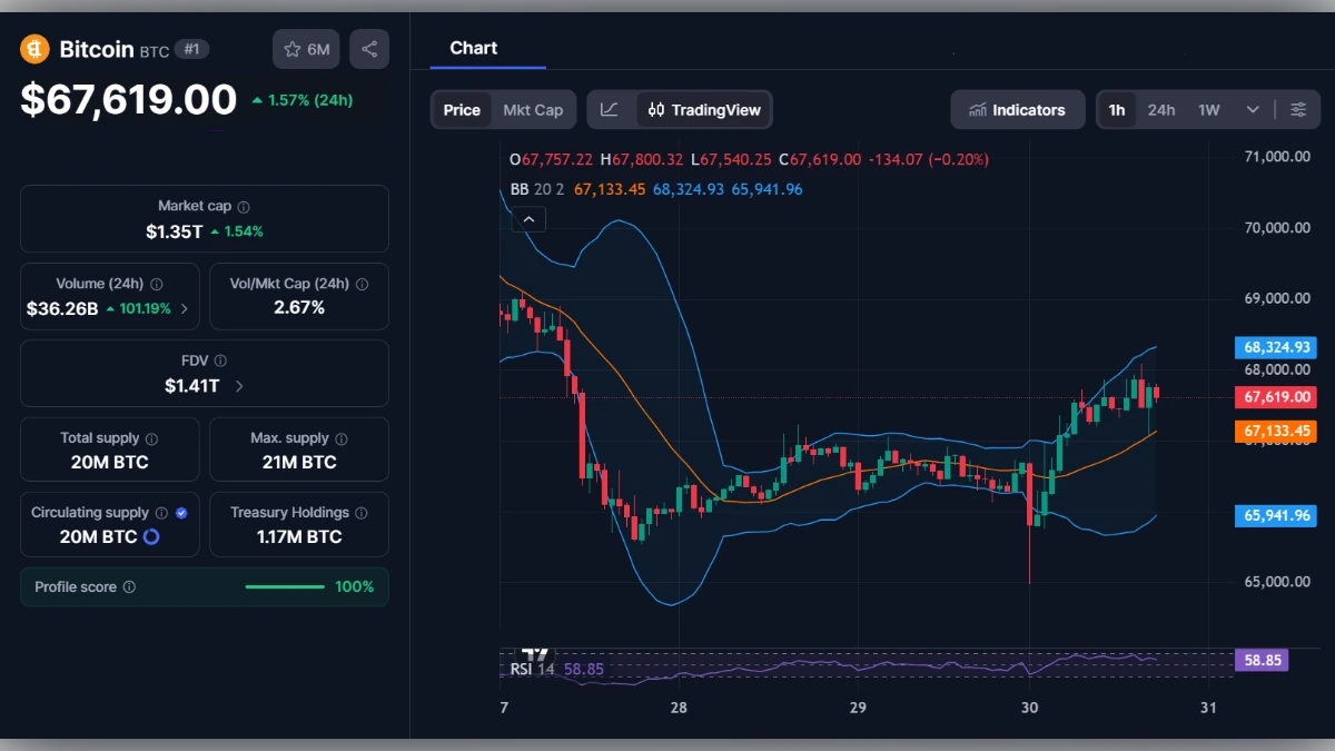 Graphique du prix du Bitcoin (BTC) à 67 619 dollars avec données de marché et indicateurs techniques.
