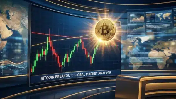 Graphique boursier illustrant le puissant rebond haussier du cours Bitcoin suite aux récentes turbulences géopolitiques mondiales.