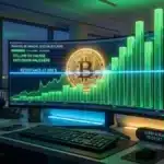 Graphique boursier illustrant le rebond spectaculaire du cours Bitcoin propulsé par l'explosion des volumes d'échange à Wall Street.