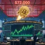 Graphique boursier illustrant l'explosion haussière du cours Bitcoin au-delà des 73 000 dollars suite à un short squeeze historique.