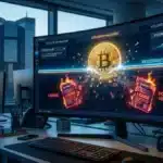 Graphique boursier illustrant l'explosion du cours Bitcoin suite à un short squeeze massif et à la liquidation des positions vendeuses.