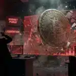 Illustration du cours Bitcoin chutant brutalement suite à une purge des acheteurs sur le marché crypto.