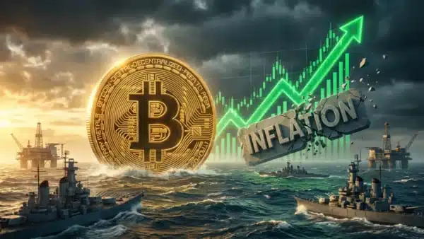 Illustration du cours Bitcoin en forte hausse, s'imposant comme une valeur refuge face à l'inflation mondiale et aux tensions géopolitiques.