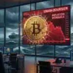 Illustration du jeton Bitcoin subissant la pression de l'inflation mondiale et d'un krach boursier.