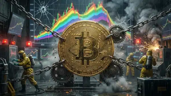 Illustration du cours Bitcoin piégé avant une forte volatilité sur le marché crypto.