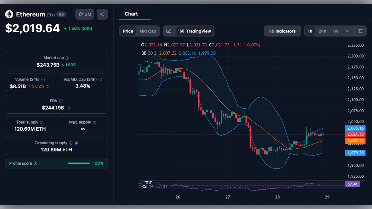 Graphique du prix de l'Ethereum à 2019 dollars avec indicateurs techniques et capitalisation boursière