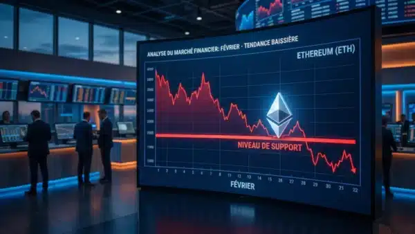 Graphique boursier illustrant la forte volatilité et la correction baissière du cours Ethereum durant le mois de février.