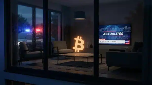 Illustration conceptuelle d'un vol de cryptomonnaie lors d'une intervention policière.