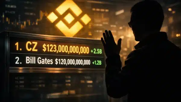 Illustration représentant CZ, le fondateur de Binance, dépassant Bill Gates dans le classement Forbes des milliardaires.