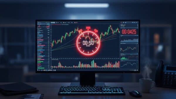 Un écran affiche un graphique boursier et un chronomètre de fin de journée.