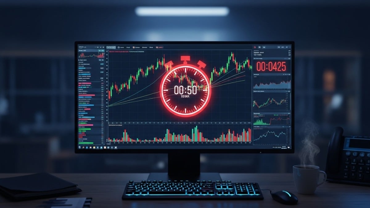 Un écran affiche un graphique boursier et un chronomètre de fin de journée.