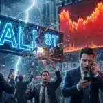 Illustration du Dow Jones en forte baisse et du marché de Wall Street en panique.