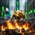 Illustration spectaculaire du Dow Jones bondissant au-dessus des flammes de l'inflation et de la crise énergétique à Wall Street.