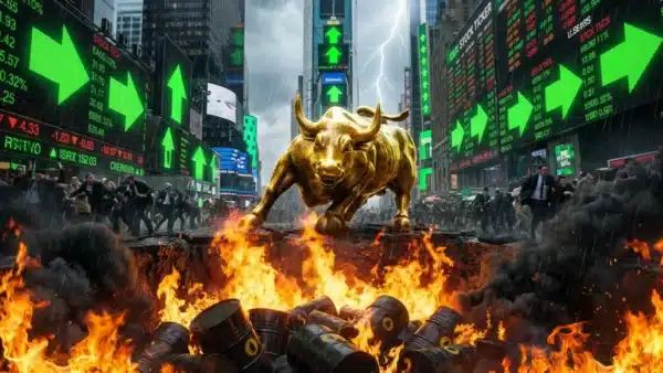 Illustration spectaculaire du Dow Jones bondissant au-dessus des flammes de l'inflation et de la crise énergétique à Wall Street.