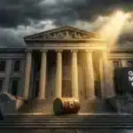 Illustration de la façade de Wall Street symbolisant le rebond du Dow Jones face à la crise pétrolière.