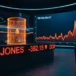 Illustration de la chute du Dow Jones face à la remontée brutale de l'indice VIX et du prix du pétrole.