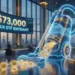 Graphique boursier illustrant l'absorption massive des capitaux par l'ETF Bitcoin de BlackRock, propulsant le cours à 73 000 dollars.