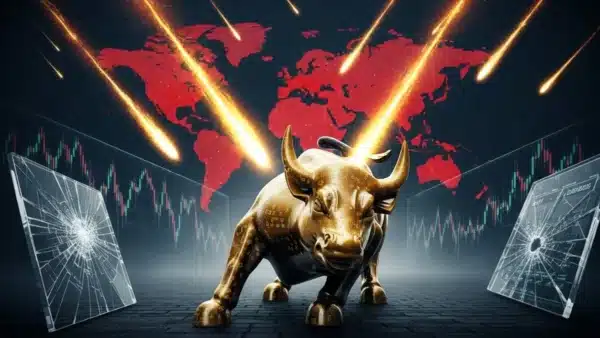 Illustration cinématique d'une pluie de météorites s'abattant sur le taureau de Wall Street, symbolisant le retrait massif des capitaux de l'ETF Bitcoin face aux tensions géopolitiques.